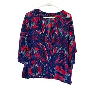 ANA A New Approach Blouse XL Geometric Print Split V-Neck Purple Pink